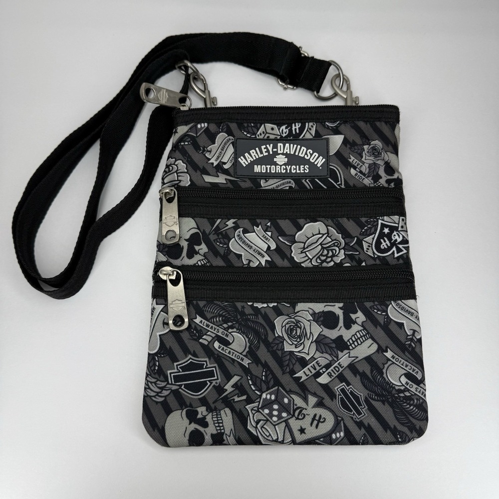 Harley Davidson Crossbody Purse Bag Gray Tattoo Cross Bag Skull Hearts Roses